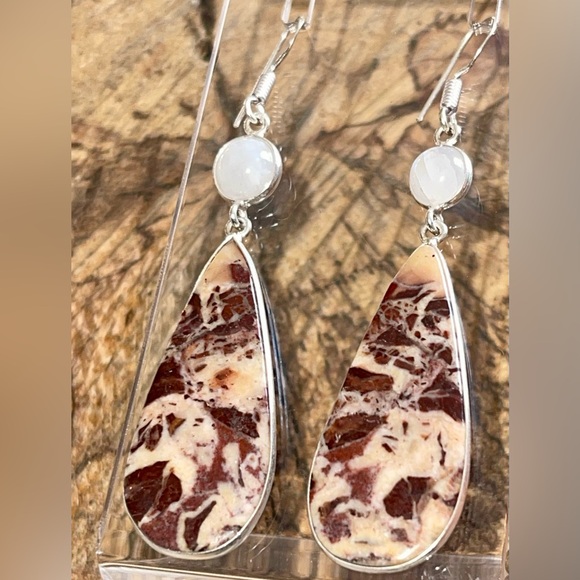 Coconut Jasper & Rainbow Moonstone Earrings 2 1/2” - Picture 5 of 14